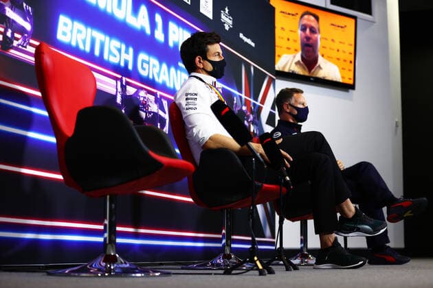 F1 Grand Prix of Great Britain Toto Wolff (AUT, Mercedes-AMG Petronas F1 Team), Christian Horner (GBR, Red Bull Racing), F1 Grand Prix of Great Britain at Silverstone Circuit on July 16, 2021 in Silverstone, United Kingdom. (Photo by Dan Istitene Getty Images FIA Pool via HOCH ZWEI) Silverstone Silverstone United Kingdom Poolfoto HOCH ZWEI Pool Getty Images ,EDITORIAL USE ONLY