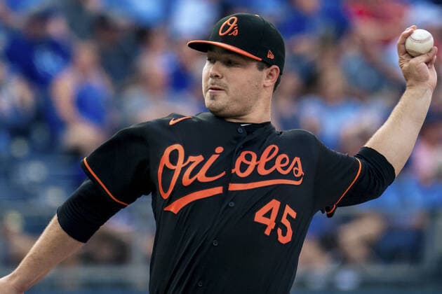 Baltimore Orioles starting pitcher Keegan Akin (45) pitches against the Kansas City Royals in the first inning at Kaufman Stadium in Kansas City, Missouri on Friday, July 16, 2021.  KCP20210716111 KYLExRIVAS