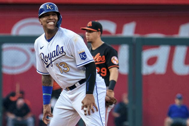 Kansas City Royals catcher Salvador Perez (13) reacts to hitting a RBI double play against the Baltimore Orioles in the first inning at Kaufman Stadium in Kansas City, Missouri on Friday, July 16, 2021.  KCP20210716113 KYLExRIVAS