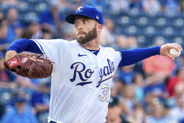 Kansas City Royals starting pitcher Danny Duffy (30) pitches against the Baltimore Orioles in the first inning at Kaufman Stadium in Kansas City, Missouri on Friday, July 16, 2021.  KCP20210716108 KYLExRIVAS