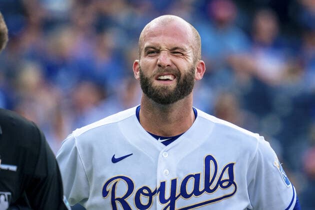 Kansas City Royals starting pitcher Danny Duffy (30) winces in pain after being hit in the shin by a the Baltimore Orioles batter in the first inning at Kaufman Stadium in Kansas City, Missouri on Friday, July 16, 2021.  KCP20210716110 KYLExRIVAS
