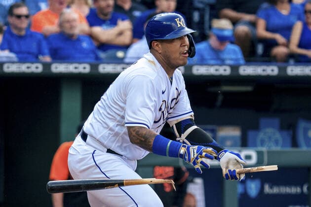 Kansas City Royals catcher Salvador Perez (13) heads to first after breaking his bat over a Baltimore Orioles in the first inning at Kaufman Stadium in Kansas City, Missouri on Friday, July 16, 2021.  KCP20210716112 KYLExRIVAS