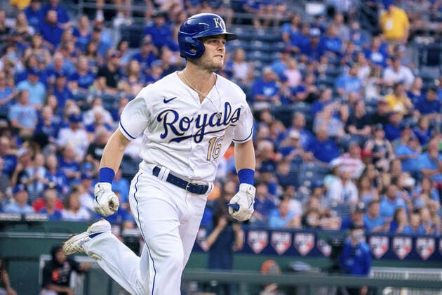 Kansas City Royals left fielder Andrew Benintendi (16) heads to first after connecting with a Baltimore Orioles pitch in the third inning at Kaufman Stadium in Kansas City, Missouri on Friday, July 16, 2021.  KCP20210716121 KYLExRIVAS