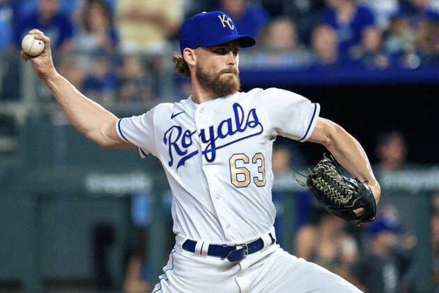 Kansas City Royals relief pitcher Josh Staumont (63) pitches against the Baltimore Orioles in the sixth inning at Kaufman Stadium in Kansas City, Missouri on Friday, July 16, 2021.  KCP20210716130 KYLExRIVAS