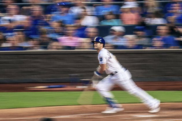 Kansas City Royals left fielder Andrew Benintendi (16) connects with a Baltimore Orioles pitch in the fifth inning at Kaufman Stadium in Kansas City, Missouri on Friday, July 16, 2021.  KCP20210716126 KYLExRIVAS