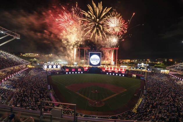 Fireworks fly over the stadium after the Kansas City Royals defeated the Baltimore Orioles at Kaufman Stadium in Kansas City, Missouri on Friday, July 16, 2021.  KCP202107161XX6 KYLExRIVAS