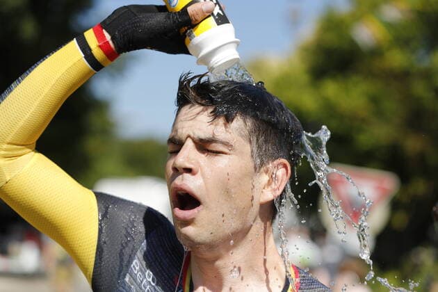 Belgian Wout Van Aert of Team Jumbo-Visma reacts after making the best time so far at the stage 19 of the 108th edition of the Tour de France cycling race, a 30,8km individual time trial from Libourne to Saint-Emilion in France, Saturday 17 July 2021. This year s Tour de France takes place from 26 June to 18 July 2021. POOLxTIMxVANxWICHELEN  x3039103x