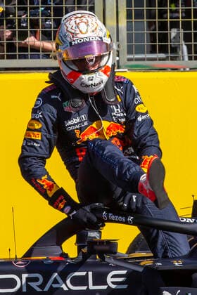 17th July 2021; Silverstone Circuit, Silverstone, Northamptonshire, England; Formula One British Grand Prix, Sprint Race; Red Bull Racing Honda driver Max Verstappen climbs out of his car as he wins the sprint race and 3 points  ActionPlus12306742 TimxWilliams
