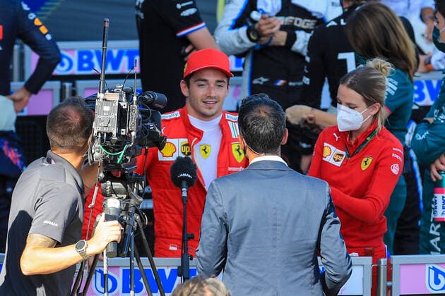 FORMULA 1 BRITISH GRAND PRIX, 17 07 2021 Silverstone Circuit. 17 July 2021 Charles Leclerc (MON), Scuderia Ferrari SF21 interviewed by media tv press during the FORMULA 1 PIRELLI BRITISH GRAND PRIX SPRINT QUALIFYING RACE at Silverstone, United Kingdom Editorial Use Only Copyright: xPhilxDuncanx ESM-0060-0003