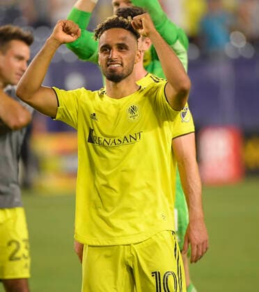 July 17, 2021: Nashville SC midfielder Hany Mukhtar (10) pumps his fist to the crowd after scoring three goals tonight against the Chicago Fire FC during the second half of an MLS, Fussball Herren, USA game between Chicago Fire FC and Nashville SC at Nissan Stadium in Nashville TN Steve Roberts CSM Nashville United States - ZUMAc04_ 20210717_zaf_c04_099 Copyright: x@xStevexRobertsx