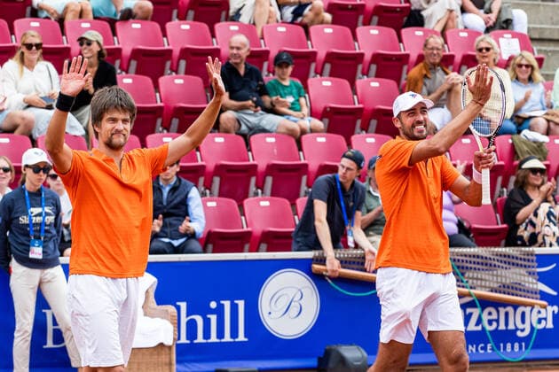 210718 Sander Arends, Netherlands, and David Pel, Netherlands, rejoice after winning the doubles final on day 14 of the Nordea Open on 18 July 2021 in Bastad,  Copyright: MATHILDAxAHLBERG BB210718BB337