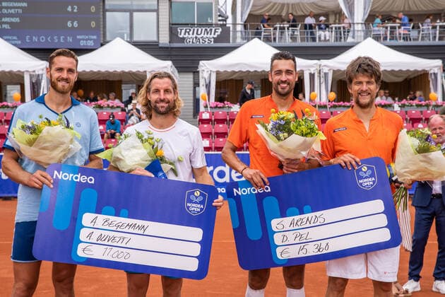 210718 Andre Begemann, Germany, and Albano Olietti, France, and Sander Arends, Netherlands, and David Pel, Netherlands, after the doubles final on day 14 of the Nordea Open on 18 July 2021 in Bastad,  Copyright: MATHILDAxAHLBERG BB210718BB348