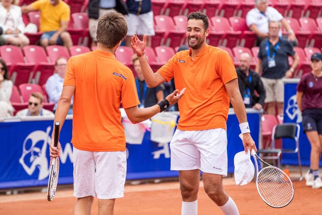 210718 Sander Arends, Netherlands, and David Pel, Netherlands, rejoice after winning the doubles final on day 14 of the Nordea Open on 18 July 2021 in Bastad,  Copyright: MATHILDAxAHLBERG BB210718BB351