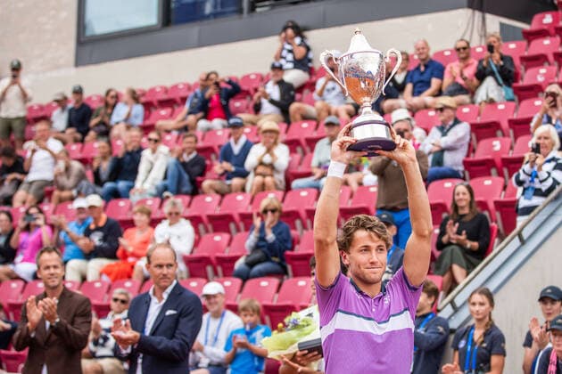 210718 Casper Ruud, Norway, cheers with Mr G Tro s Trophy after winning the singles final on day 14 of the Nordea Open on 18 July 2021 in Bastad,  Copyright: MATHILDAxAHLBERG BB210718BB559