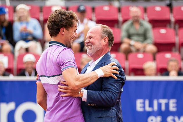 210718 Casper Ruud, Norway, cheers with competition director Christer Hult after winning the singles final on day 14 of the Nordea Open on July 18, 2021 in Bastad,  Copyright: MATHILDAxAHLBERG BB210718BB561