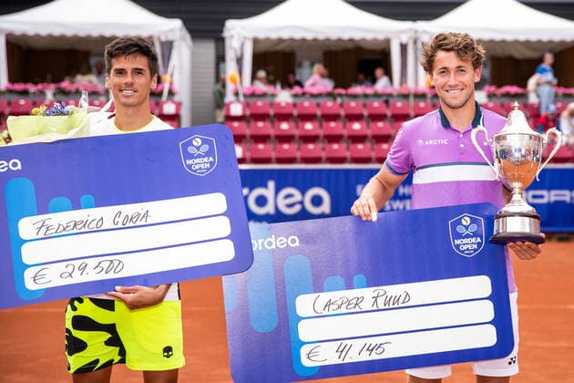 210718 Federico Coria, Argentina, and Casper Ruud, Norway, after the final in singles on day 14 of the Nordea Open on July 18, 2021 in Bastad,  Copyright: MATHILDAxAHLBERG BB210718BB563
