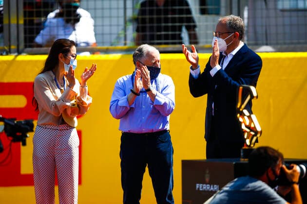 TODT Jean (fra), FIA President, Stefano Domenicali (ita) during the Formula 1 Pirelli British Grand Prix 2021, 10th round of the 2021 FIA Formula One World Championship, WM, Weltmeisterschaft from July 16 to 18, 2021 on the Silverstone Circuit, in Silverstone, United Kingdom - FORMULE 1 : Grand prix de Grande Bretagne - Course - Silverstone - 18 07 2021 DPPI PANORAMIC  _B2_9579