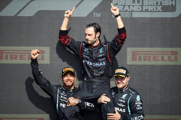 HAMILTON Lewis (gbr), Mercedes AMG F1 GP W12 E Performance, portrait celebrating his victory at the podium with the trophy with BOTTAS Valtteri (fin), Mercedes AMG F1 GP W12 E Performance, portrait during the Formula 1 Pirelli British Grand Prix 2021, 10th round of the 2021 FIA Formula One World Championship, WM, Weltmeisterschaft from July 16 to 18, 2021 on the Silverstone Circuit, in Silverstone, United Kingdom - FORMULE 1 : Grand prix de Grande Bretagne - Course - Silverstone - 18 07 2021 DPPI PANORAMIC  00121021__B2_0012