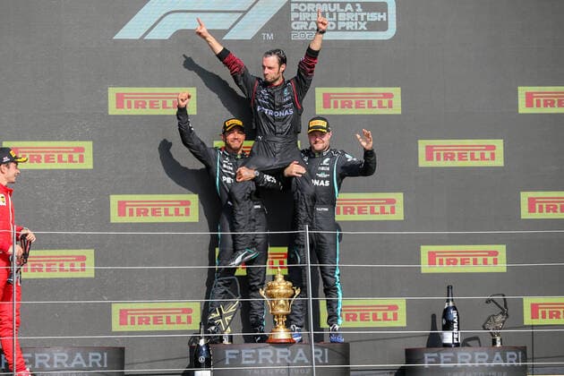 FORMULA 1 BRITISH GRAND PRIX, 18 07 2021 Silverstone Circuit,18 July 2021 Lewis Hamilton (GBR), Mercedes AMG Petronas W12 celebrates with Valtteri Bottas (FIN), Mercedes AMG Petronas W12 on the podium after winning the FORMULA 1 PIRELLI BRITISH GRAND PRIX RACE at Silverstone, United Kingdom Editorial Use Only Copyright: xPhilxDuncanx ESM-0061-0005