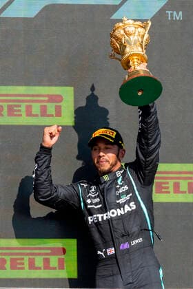 18th July 2021; Silverstone Circuit, Silverstone, Northamptonshire, England; Formula One British Grand Prix, Race Day; Mercedes AMG Petronas F1 Team driver Lewis Hamilton with the winners trophy  ActionPlus12307243 TimxWilliams