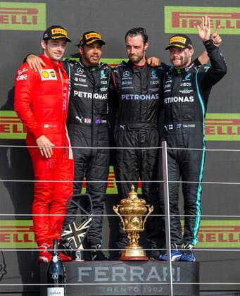 18th July 2021; Silverstone Circuit, Silverstone, Northamptonshire, England; Formula One British Grand Prix, Race Day; The top three, winner Mercedes AMG Petronas F1 Team driver Lewis Hamilton, 2nd place Scuderia Ferrari Mission Winnow driver Charles Leclerc and third Mercedes AMG Petronas F1 Team driver Valtteri Bottas  ActionPlus12307249 TimxWilliams