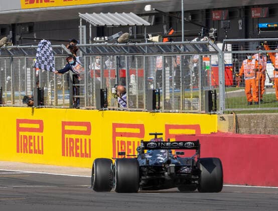 18th July 2021; Silverstone Circuit, Silverstone, Northamptonshire, England; Formula One British Grand Prix, Race Day; Mercedes AMG Petronas F1 Team driver Lewis Hamilton takes the chequered flag to win the British Grand Prix  ActionPlus12307251 TimxWilliams