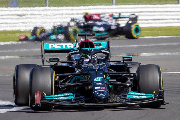 18th July 2021; Silverstone Circuit, Silverstone, Northamptonshire, England; Formula One British Grand Prix, Race Day; Mercedes AMG Petronas F1 Team driver Valtteri Bottas in the heat haze of Lewis Hamilton in his Mercedes F1 W12 Mercedes AMG F1 M12  ActionPlus12307287 TimxWilliams