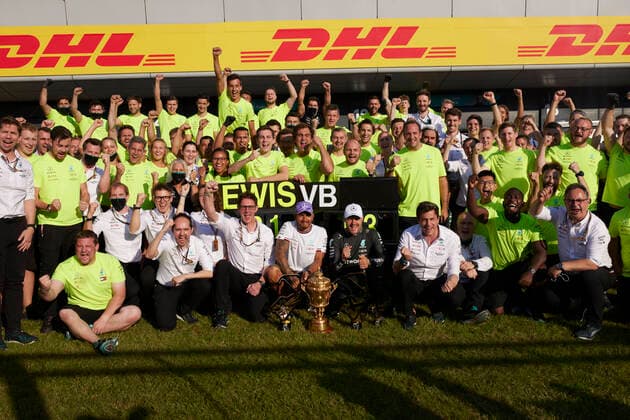 F1 Grand Prix of Great Britain Mercedes AMG Petronas F1 Team celebrate the race win of 44 Lewis Hamilton GBR, Mercedes AMG Petronas F1 Team and 3rd place of 77 Valtteri Bottas FIN, Mercedes AMG Petronas F1 Team , F1 Grand Prix of Great Britain at Silverstone Circuit on July 18, 2021 in Silverstone, United Kingdom Photo by Steve Etherington for Mercedes Benz Grand Prix Ltd Daimler AG FIA Pool via HOCH ZWEI Silverstone United Kingdom Poolfoto HOCH ZWEI Pool Daimler AG ,EDITORIAL USE ONLY