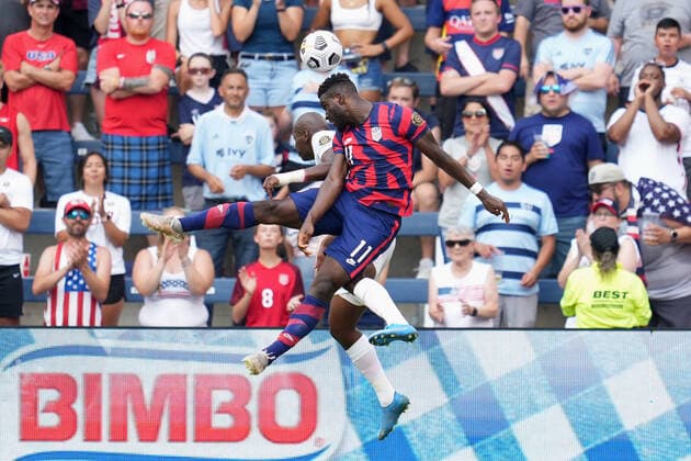 KANSAS CITY, KS - JULY 18:United States forward Daryl Dike (11) battles with Canada defender Kamal Miller (4) in action during the CONCACAF Gold Cup Group B match between the United States and Canada on July 18, 2021 at Children s Mercy Park in Kansas City, KS. (Photo by Robin Alam Icon Sportswire) SOCCER: JUL 18 Concacaf Gold Cup - USA v Canada Icon164210718011