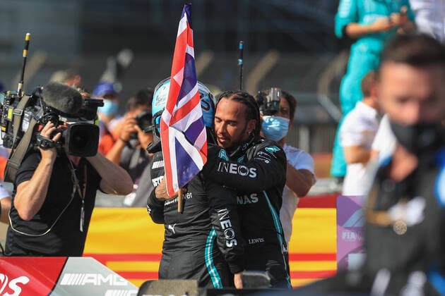 FORMULA 1 BRITISH GRAND PRIX, 18 07 2021 Silverstone Circuit,18 July 2021 Lewis Hamilton (GBR), Mercedes AMG Petronas W12 celebrates winning the FORMULA 1 PIRELLI BRITISH GRAND PRIX RACE with Valtteri Bottas (FIN), Mercedes AMG Petronas W12 at Silverstone, United Kingdom Editorial Use Only Copyright: xPhilxDuncanx ESM-0061-0029