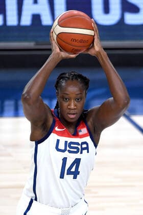 July 18, 2021 - Las Vegas, Nevada, U.S. - USAs Tina Charles (14) looks to pass against Nigeria during a pre-Olympic exhibition basketball game July 18, 2021, in Las Vegas. Las Vegas USA - ZUMAbk3_ 20210718_zaf_bk3_005 Copyright: xDavidxBeckerx