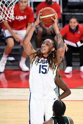 July 18, 2021 - Las Vegas, Nevada, U.S. - USAs Brittney Griner shoots against Nigeria during a pre-Olympic exhibition basketball game July 18, 2021, in Las Vegas. Las Vegas USA - ZUMAbk3_ 20210718_zaf_bk3_011 Copyright: xDavidxBeckerx