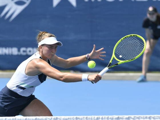 Barbora Krejcikova (CZE) plays a return during the Livesport Prague Open WTA, Tennis Damen women’s tennis tournament final match against Tereza Martincova (CZE) in Prague, Czech Republic, July 18, 2021. (CTKxPhoto MichaelaxRihova) CTKPhotoP2021071803392 