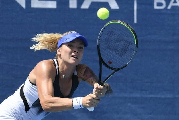 Tereza Martincova (CZE) playes a return in the Livesport Prague Open WTA, Tennis Damen women’s tennis tournament final match against Barbora Krejcikova (CZE) in Prague, Czech Republic, July 18, 2021. (CTKxPhoto MichaelaxRihova) CTKPhotoP2021071803295 