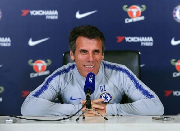 Mandatory Credit: Photo by Dave Shopland BPI Shutterstock (9948663e) Chelsea Football Club Assistant Manager Gianfranco Zola talks to the Media previewing Chelsea v Derby County EFL Cup Match. Chelsea FC press conference, PK, Pressekonferenz Football, Cobham, Surrey, UK - 30 Oct 2018 Chelsea FC Press Conference, Football, Cobham, Surrey, UK - 30 Oct 2018  Copyright: xDavexShopland BPI Shutterstockx 9948663e