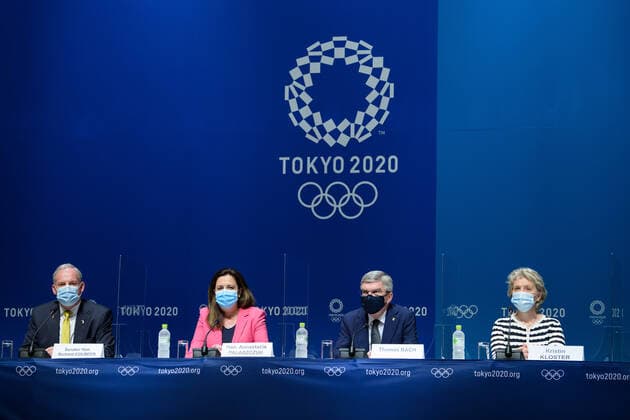 210721 Richard Colbeck, Annastacia Palaszczuk, Thomas Bach, president of the International Olympic Committee IOC , and Kristin Kloster at a press conference during the 138th IOC Session announcing Brisbane as the host of the 2032 Olympic and Paralympic Games, ahead of the Tokyo 2020 Olympic Games on July 21, 2021 in Tokyo Photo Joel Marklund BILDBYRAN kod JM JM0163 bbeng olympic games olympics os ol olympiska spel olympiske leker tokyo2020 tokyo 2020 tokyo os tokyo ol presskonferens IOC Brisbane International Olympic Committee IOK,  Copyright: JOELxMARKLUND BB210721JM034