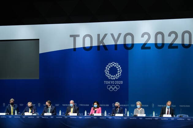 210721 James Tomkins, John Coates, Adrian Schrinner, Richard Colbeck, Annastacia Palaszczuk, Thomas Bach, president of the International Olympic Committee IOC , Kristin Kloster and Mark Adams at a press conference during the 138th IOC Session announcing Brisbane as the host of the 2032 Olympic and Paralympic Games, ahead of the Tokyo 2020 Olympic Games on July 21, 2021 in Tokyo Photo Joel Marklund BILDBYRAN kod JM JM0163 bbeng olympic games olympics os ol olympiska spel olympiske leker tokyo2020 tokyo 2020 tokyo os tokyo ol presskonferens IOC Brisbane International Olympic Committee IOK, Copyright: JOELxMARKLUND BB210721JM037