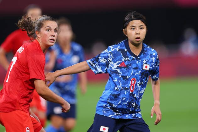 (L to R) Jessie Fleming (CAN), Narumi Miura (JPN), JULY 21, 2021 - Football Soccer : Women s First Round Group E match between Japan 1-1 Canada during the Tokyo 2020 Olympic Games, Olympische Spiele, Olympia, OS at the Sapporo Dome in Hokkaido, Japan. Noxthirdxpartyxsales  (165120838)