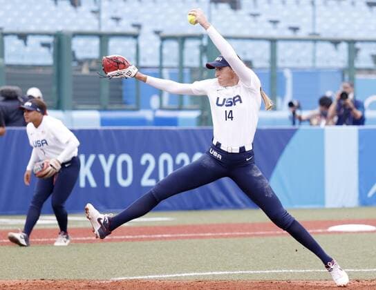 Tokyo Olympics: Softball Monica Abbott of the United States pitches against Canada in the opening round of the Tokyo Olympic softball tournament at Fukushima Azuma stadium in Fukushima, northeastern Japan, on July 22, 2021.  A14AA0000753438P