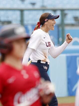 Tokyo Olympics: Softball Monica Abbott of the United States reacts after throwing a complete game shutout against Canada in the opening round of the Tokyo Olympic softball tournament at Fukushima Azuma stadium in Fukushima, northeastern Japan, on July 22, 2021.  A14AA0000753451P