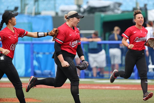 (L-R) Janet Leung (CAN), Sara Groenewegen (CAN), JULY 22, 2021 - Softball : Opening Round match between United States - Canada during the Tokyo 2020 Olympic Games, Olympische Spiele, Olympia, OS at the Fukushima Azuma Baseball Stadium in Fukushima, Japan. Noxthirdxpartyxsales  (165162396)