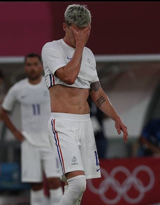 France defender Clement Michelin (13) holds his face after his team was defeated by Mexico 4-1 in a Men s Group A football match during the Tokyo Summer Olympic Games, Olympische Spiele, Olympia, OS in Tokyo, Japan, on Thursday July 22, 2021.  OLY20210722624 BOBxSTRONG
