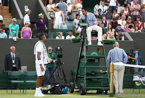 Mandatory Credit: Photo by James Marsh BPI Shutterstock (9735624ce) Nick Kyrgios debates a decision with the Umpire during his Gentlemen s Singles second round match Wimbledon Tennis Championships, Day 4, The All England Lawn Tennis and Croquet Club, London, UK - 05 Jul 2018 Wimbledon Tennis Championships, Day 4, The All England Lawn Tennis and Croquet Club, London, UK - 05 Jul 2018  Copyright: xJamesxMarsh BPI Shutterstockx 9735624ce