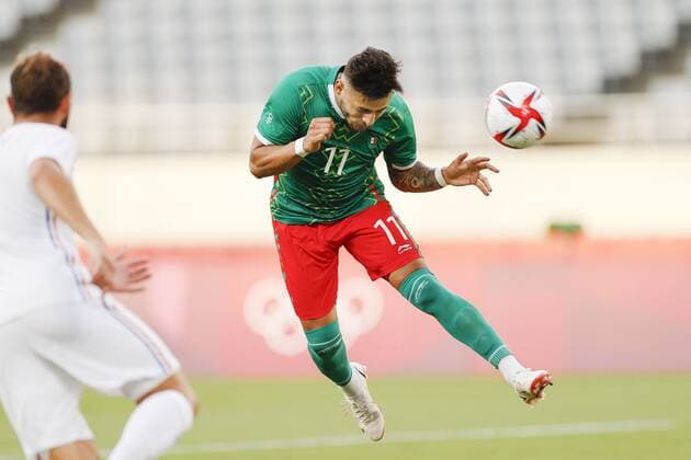 Tokyo Olympics: Football Mexico s Alexis Vega scores with a header during the second half of a Tokyo Olympic men s football Group A match against France on July 22, 2021, at Tokyo Stadium in the capital. (SELECTION)  A14AA0000753560P