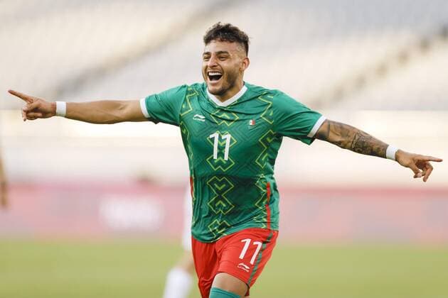 Tokyo Olympics: Football Mexico s Alexis Vega celebrates after scoring during the second half of a Tokyo Olympic men s football Group A match against France on July 22, 2021, at Tokyo Stadium in the capital. (SELECTION)  A14AA0000753561P