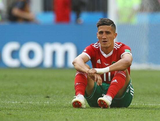 Mandatory Credit: Photo by Kieran Mcmanus BPI Shutterstock (9722514au) Faycal Fajr of Morocco looks dejected at the end of the game Portugal v Morocco, Group B, 2018 FIFA World Cup, WM, Weltmeisterschaft, Fussball football match, Luzhniki Stadium, Moscow, Russia - 20 Jun 2018 Portugal v Morocco, Group B, 2018 FIFA World Cup football match, Luzhniki Stadium, Moscow, Russia - 20 Jun 2018  Copyright: xKieranxMcmanus BPI Shutterstockx 9722514au