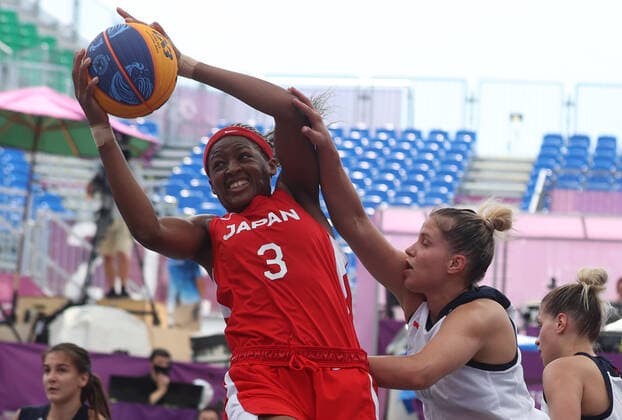 TOKYO, JAPAN - JULY 24, 2021: ROC Team s Evgeniia Frolkina (R) and Japan s Stephanie Mawuli are in action in their women s 3x3 basketball pool round match during the 2020 Summer Olympic Games, Olympische Spiele, Olympia, OS at Aomi Urban Sports Park. Stanislav Krasilnikov TASS  TS109197