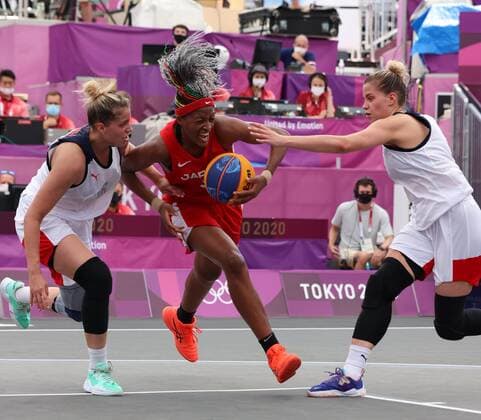 Tokyo Olympics: 3x3 Basketball Japan s Stephanie Mawuli (R) is closed down by Russian players in the women s 3x3 basketball pool round of the Tokyo Olympics on July 24, 2021, at Aomi Urban Sports Park in Tokyo.  A14AA0000753895P