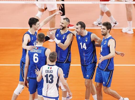 Tokyo Olympics: Volleyball Members of Italy s national volleyball team celebrate after winning a men s preliminary round match against Canada at the Tokyo Olympics on July 24, 2021, at Ariake Arena.  A14AA0000753914P