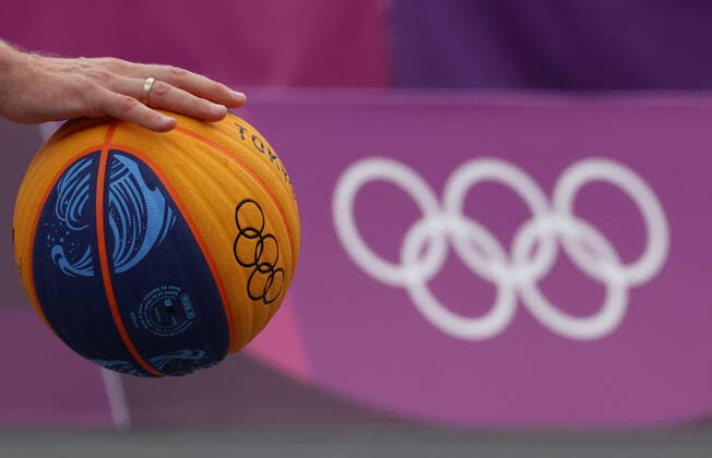 TOKYO, JAPAN - JULY 24, 2021: A ball is pictured in the women s 3x3 basketball pool round match between ROC Team and Japan during the 2020 Summer Olympic Games, Olympische Spiele, Olympia, OS at Aomi Urban Sports Park. Stanislav Krasilnikov TASS  TS1091BC